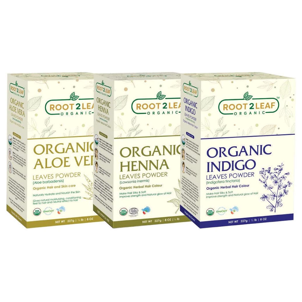 Root2Leaf Organic Pack of 3 Aloe Vera, Henna Leaf & Indigo Powder