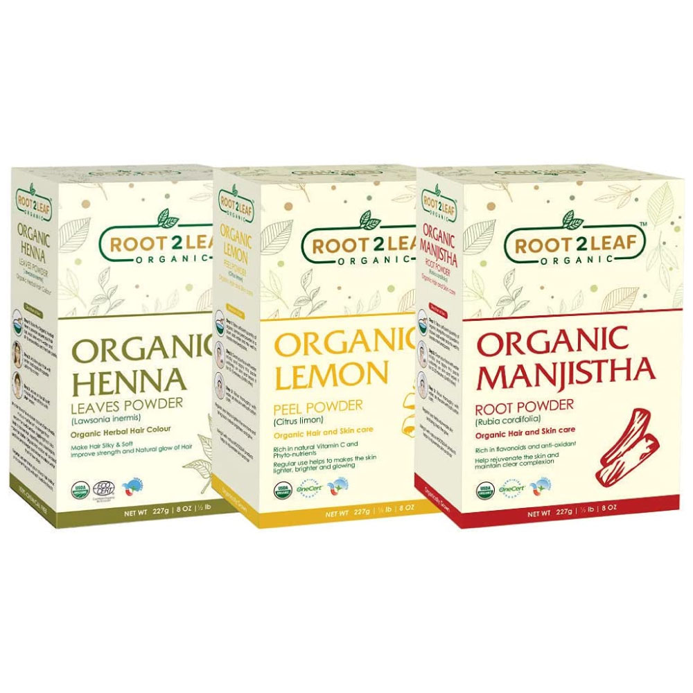 Root2Leaf Organic Pack of 3 Henna Leaf, Lemon Peel & Manjistha Root Powder 227gms